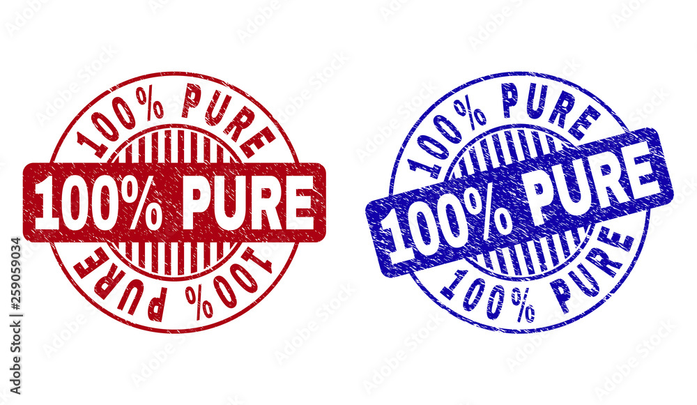 Grunge 100% PURE round stamp seals isolated on a white background. Round seals with grunge texture in red and blue colors. Vector rubber imitation of 100% PURE tag inside circle form with stripes.