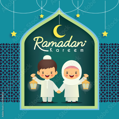 Ramadan greeting card. Cute cartoon muslim kids holding lantern with crescent moon and stars on blue paper cut background. Vector illustration. Ramadan Kareem means Ramadan the Generous Month.