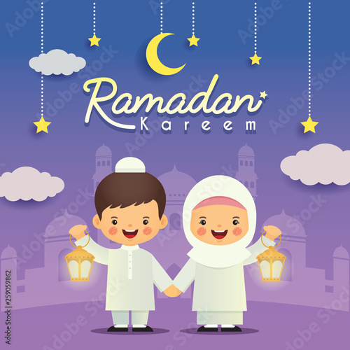 Ramadan greeting card. Cute cartoon muslim kids holding lantern with crescent moon, stars and mosque as background. Vector illustration. Ramadan Kareem means Ramadan the Generous Month.
