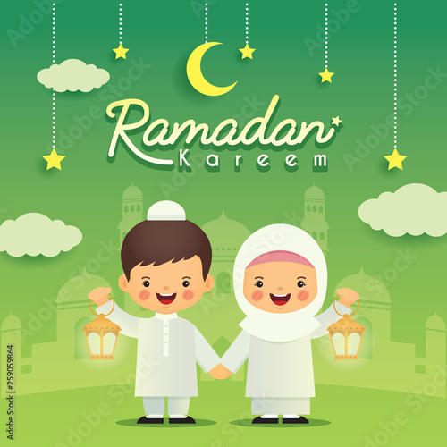 Ramadan greeting card. Cute cartoon muslim kids holding lantern with crescent moon, stars and mosque as background. Vector illustration. Ramadan Kareem means Ramadan the Generous Month.