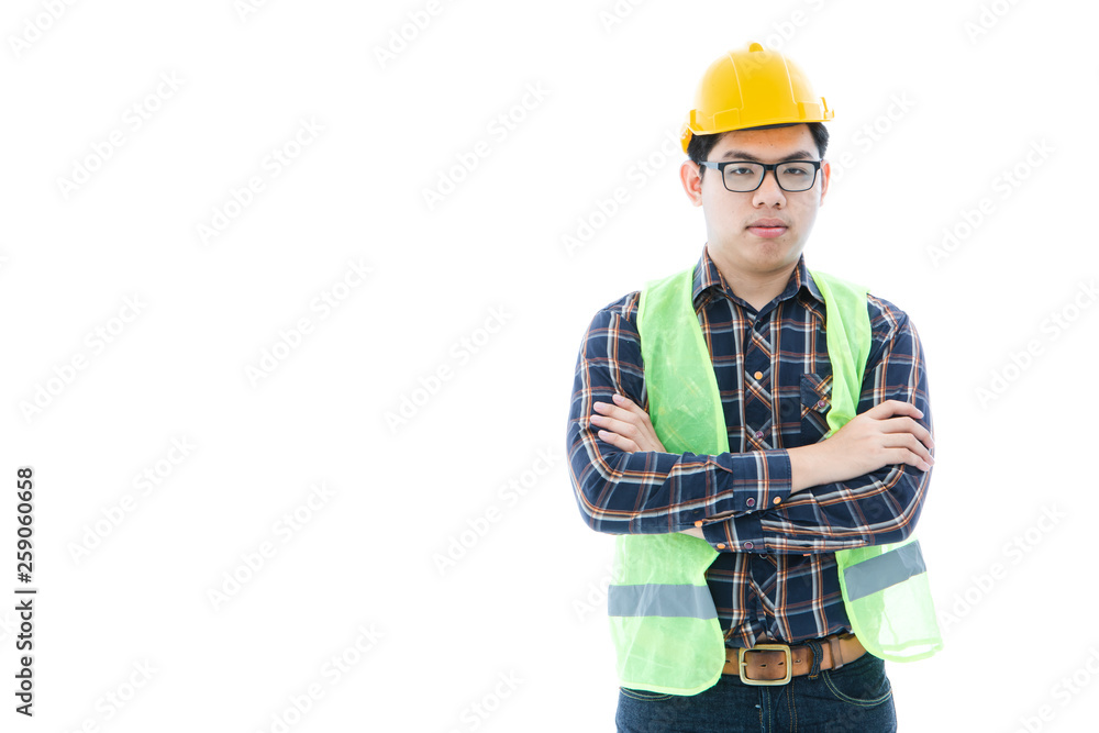 Engineer man cross arm orange helmet and vest Engineer man cross arm orange helmet and vest