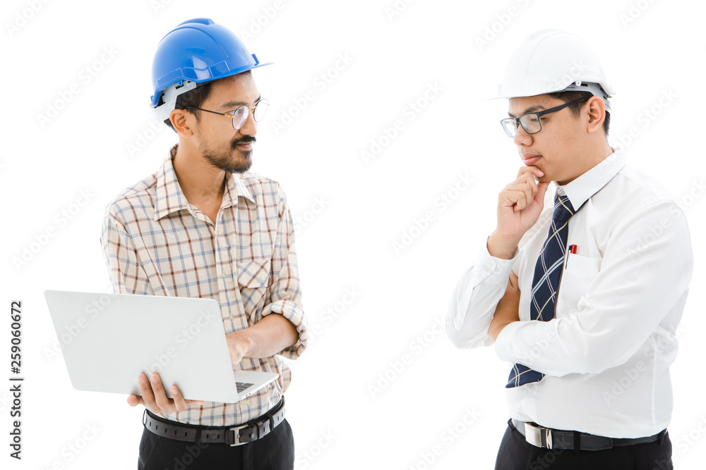 Two Engineer man blue helmet notebook consult Two Engineer man blue helmet notebook consult