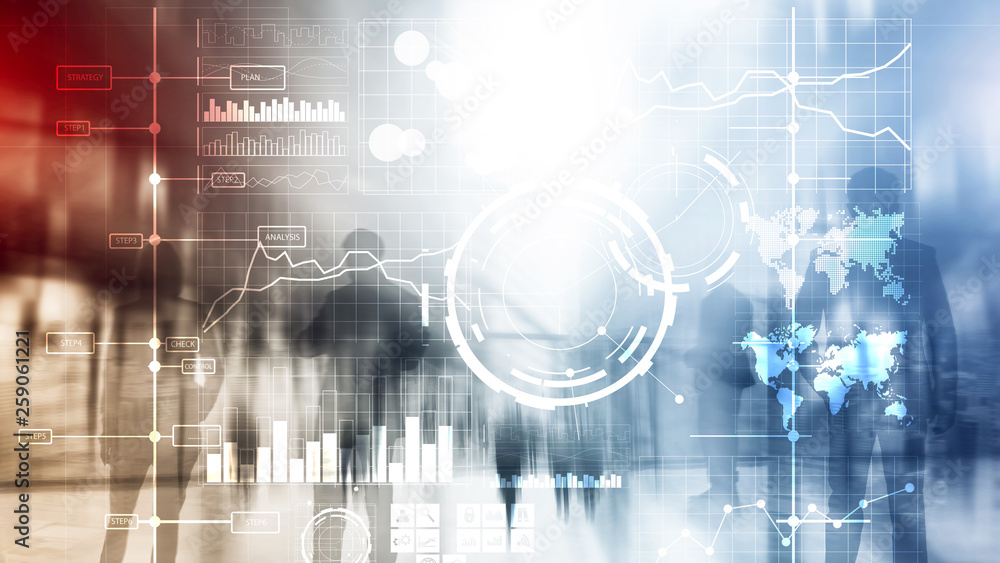 Fototapeta premium Business intelligence BI Key performance indicator KPI Analysis dashboard transparent blurred background.