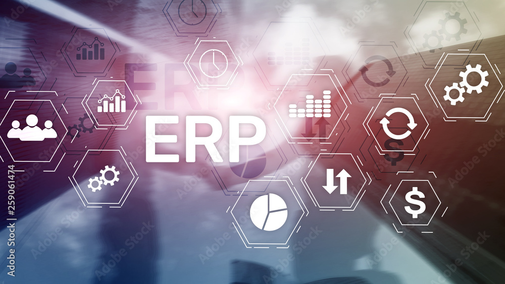 Fototapeta premium ERP system, Enterprise resource planning on blurred background. Business automation and innovation concept.