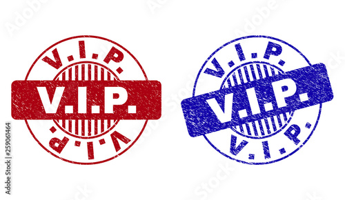 Grunge V.I.P. round stamp seals isolated on a white background. Round seals with grunge texture in red and blue colors. Vector rubber imitation of V.I.P. title inside circle form with stripes.