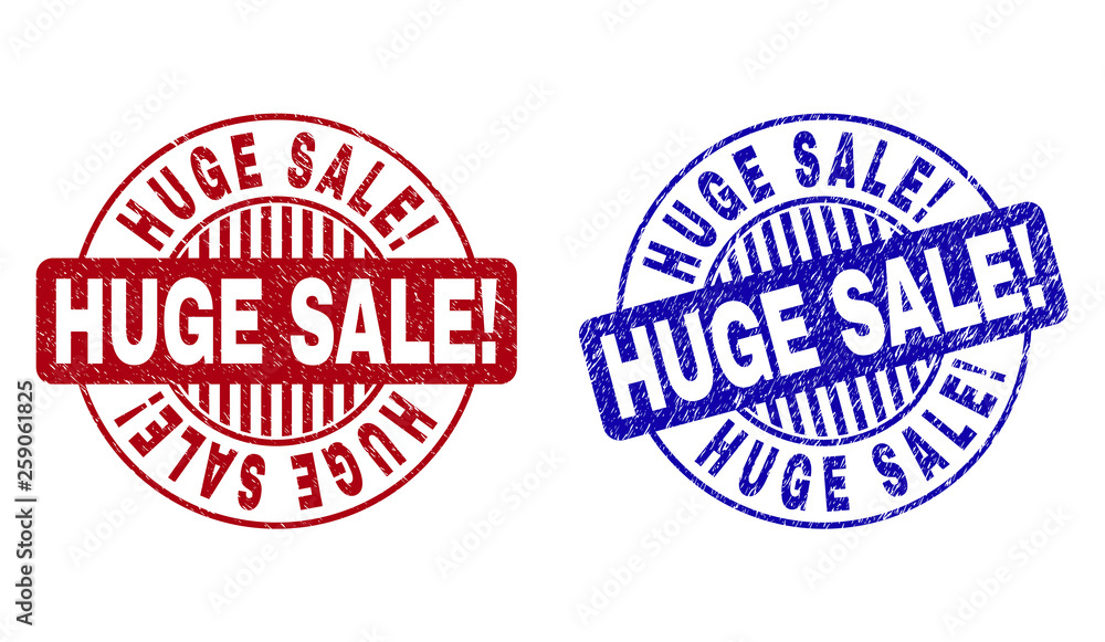 Grunge HUGE SALE! round stamp seals isolated on a white background. Round seals with distress texture in red and blue colors. Grunge HUGE SALE! round stamp seals isolated on a white background. Round seals with distress texture in red and blue colors.
