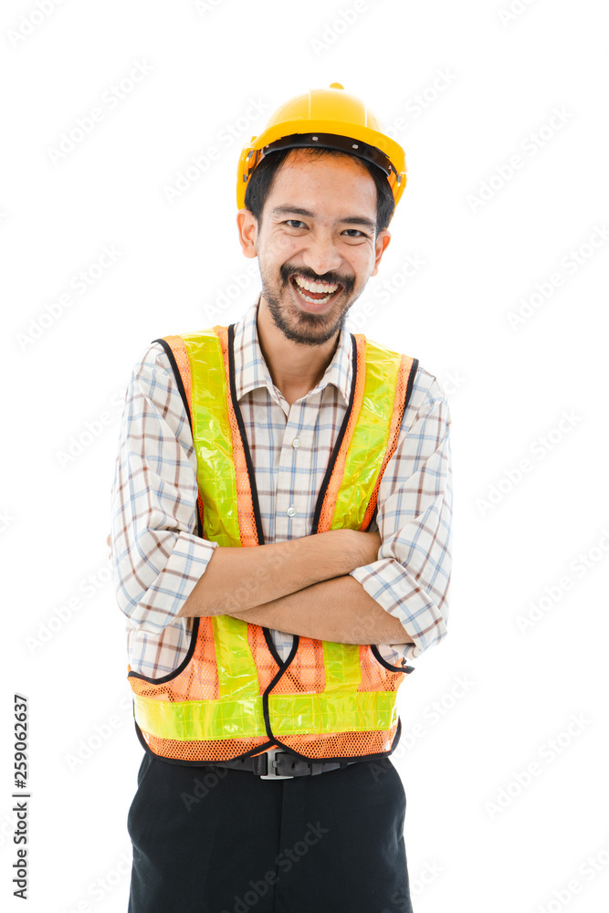 Engineer man cross arm orange helmet and vest Engineer man cross arm orange helmet and vest