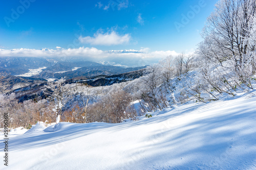 雪の斜面と雲上の乗鞍岳 © 杉本 考優