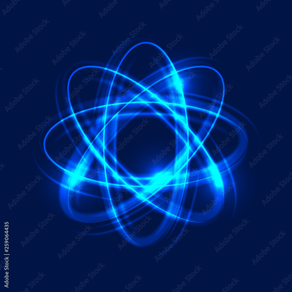 Glowing atom on blue background, abstract light background. Light motion circles. Swirl trail effect. Vector Illustration Glowing atom on blue background, abstract light background. Light motion circles. Swirl trail effect. Vector Illustration
