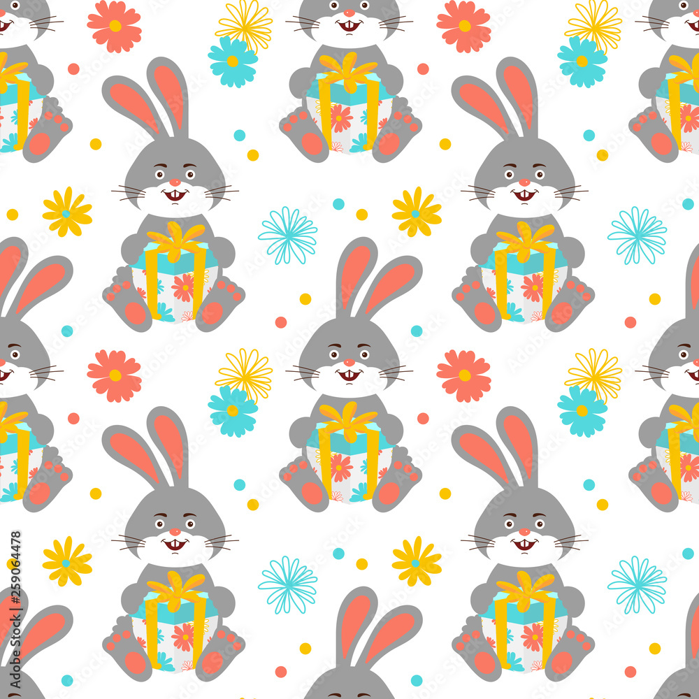 Obraz premium Cartoon bunny pattern, Cute rabbit holds a gift pattern seamless. Happy hares wallpaper on white background. Vector pattern seamless