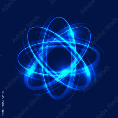 Glowing atom on blue background, abstract light background. Light motion circles. Swirl trail effect. Vector Illustration