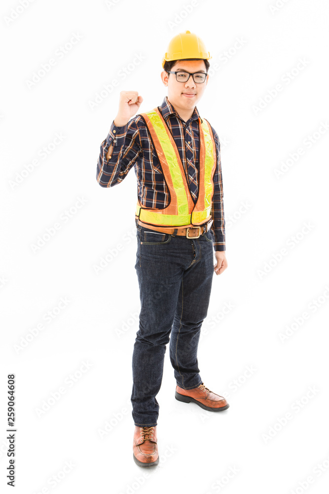 Engineer man cross arm orange helmet and vest Engineer man cross arm orange helmet and vest