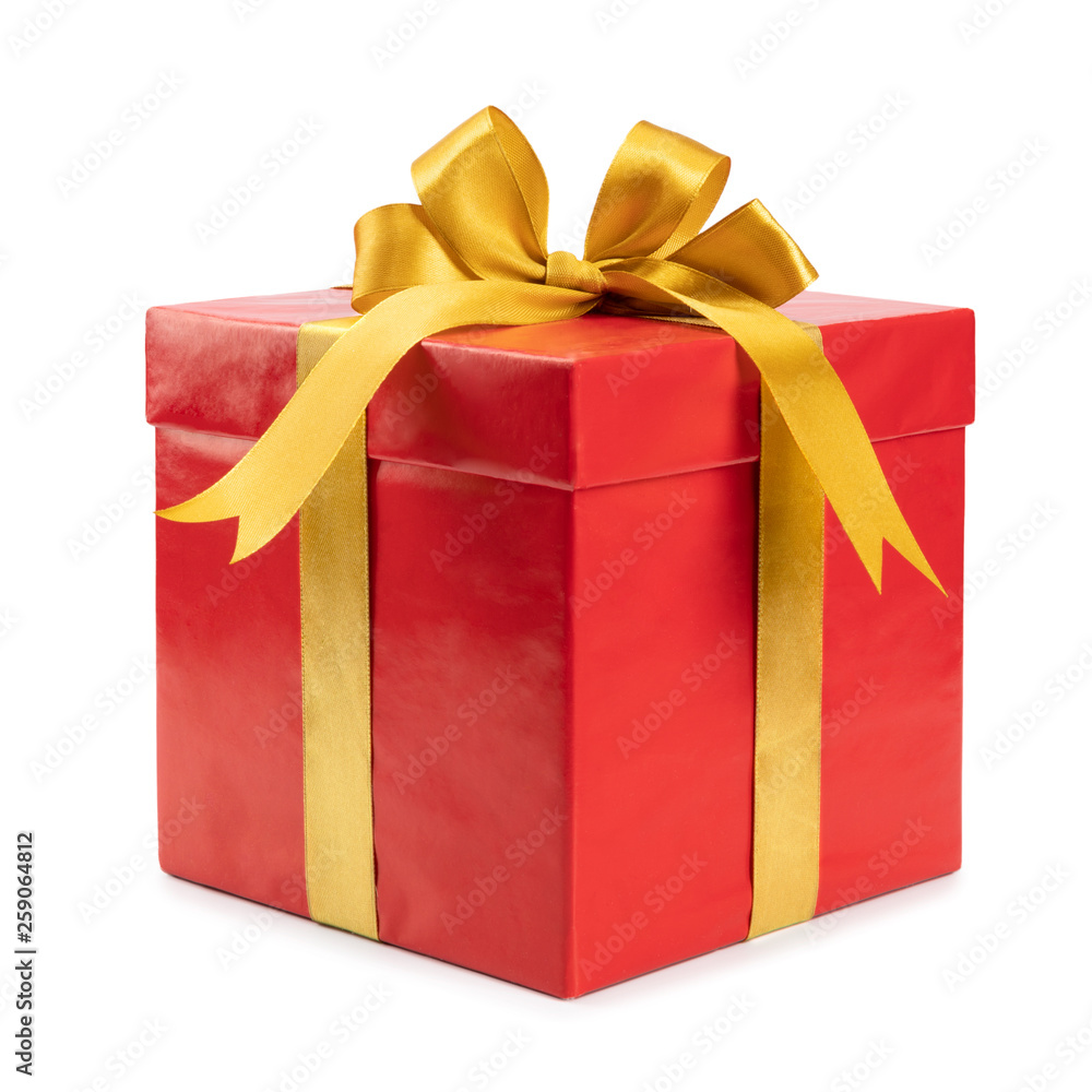 Fototapeta premium Red gift with golden bow on white background.