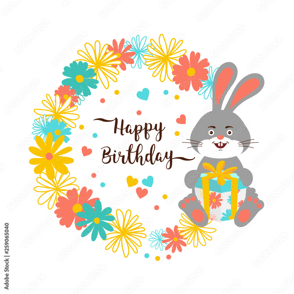 Cartoon bunny Happy Birthday greeting card. Cute bunny holds a gift,  Lettering happy birthday, Flower wreath. Vector illustration Stock Vector |  Adobe Stock