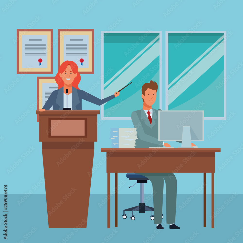 couple in a podium and office desk couple in a podium and office desk