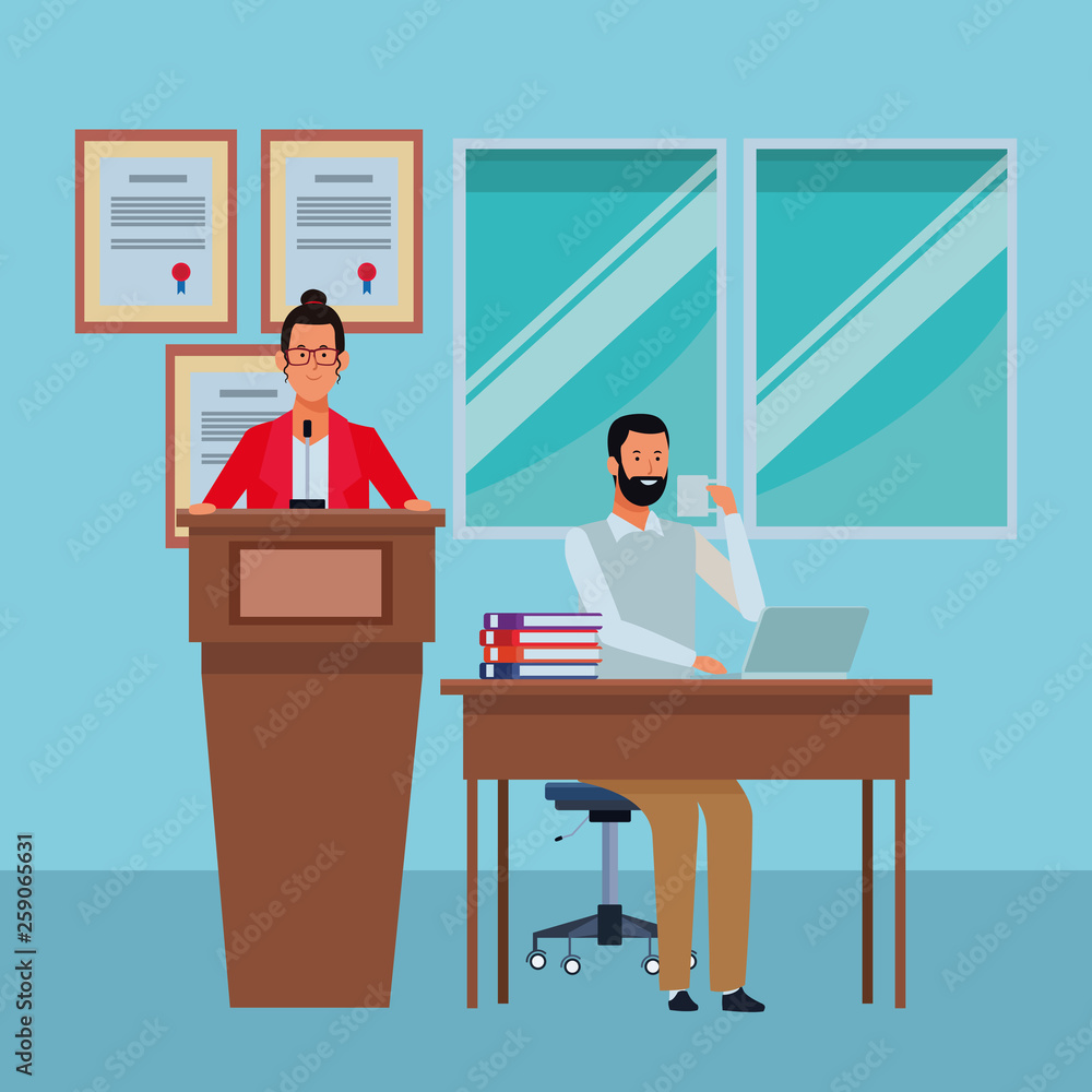 couple in a podium and office desk couple in a podium and office desk