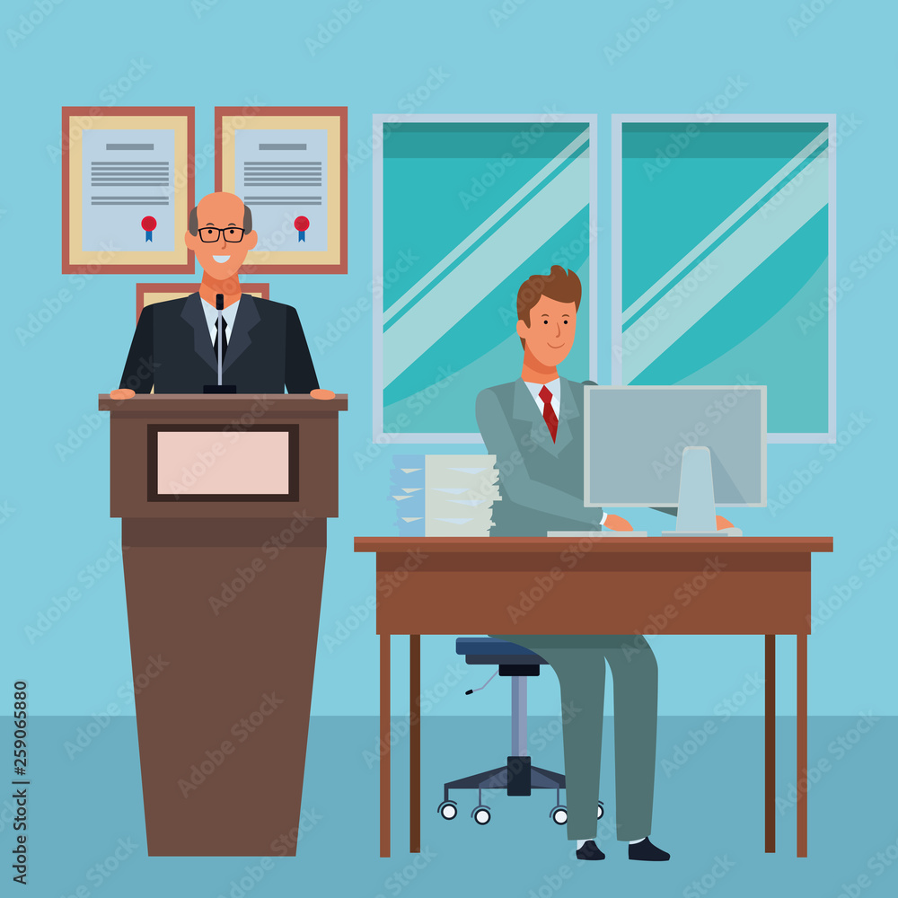 men in a podium and office desk