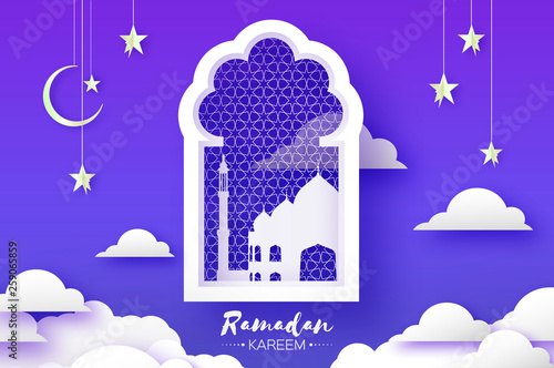 Arabic windows arch with white mosque in papercraft style. Origami Ramadan Kareem greeting card. Crescent Moon and star. Holy month of muslim. Symbol of Islam. purple.