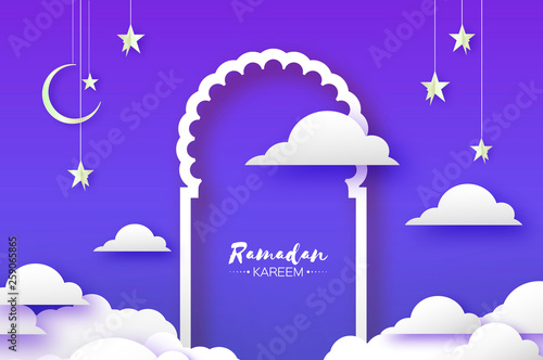 Arabic windows arch in papercraft style. Origami Ramadan Kareem greeting card. Crescent Moon and star. Holy month of muslim. Symbol of Islam.