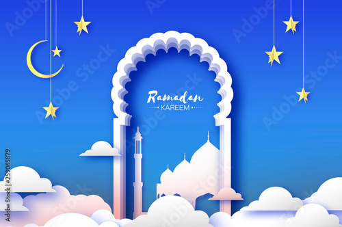 Arabic windows arch with white mosque in papercraft style. Origami Ramadan Kareem greeting card. Crescent Moon and star. Holy month of muslim. Symbol of Islam. Blue.