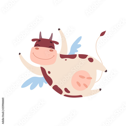 Cute Smiling Cow Flying with Wings, Funny Farm Animal Cartoon Character Vector Illustration