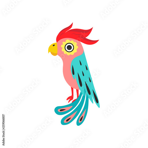 Parrot with Crest  Tropical Bird with Colored Feathers and Wings Vector Illustration