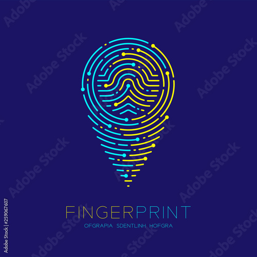 GPS navigator icon shape Fingerprint scan pattern logo dash line, digital map pointer concept, Editable stroke illustration yellow and blue isolated on dark blue background with Fingerprint text