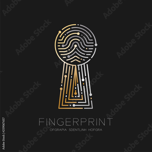 Keyhole shape Fingerprint scan pattern logo dash line, digital gateway concept, illustration silver and gold isolated on black background with Fingerprint text and space, vector
