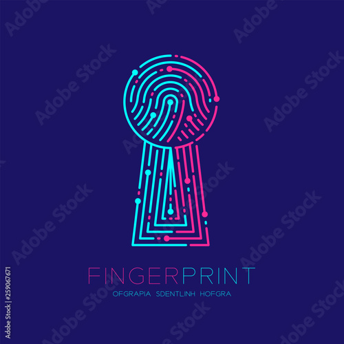 Keyhole shape Fingerprint scan pattern logo dash line, digital gateway concept, Editable stroke illustration pink and blue isolated on dark blue background with Fingerprint text and space, vector
