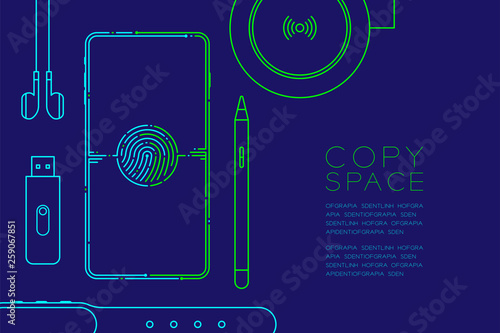 Smartphone with electronic devices dash line, Gadget concept design, Editable stroke illustration blue and green isolated on dark blue background with copy space, vector eps10