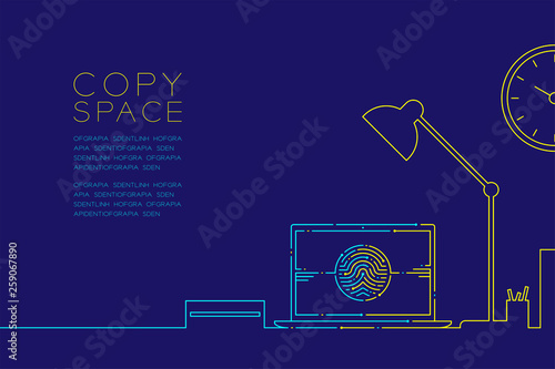 Office workplace and laptop computer with fingerprint dash line, Digital office concept design, Editable stroke illustration blue and yellow isolated on dark blue background with copy space, vector