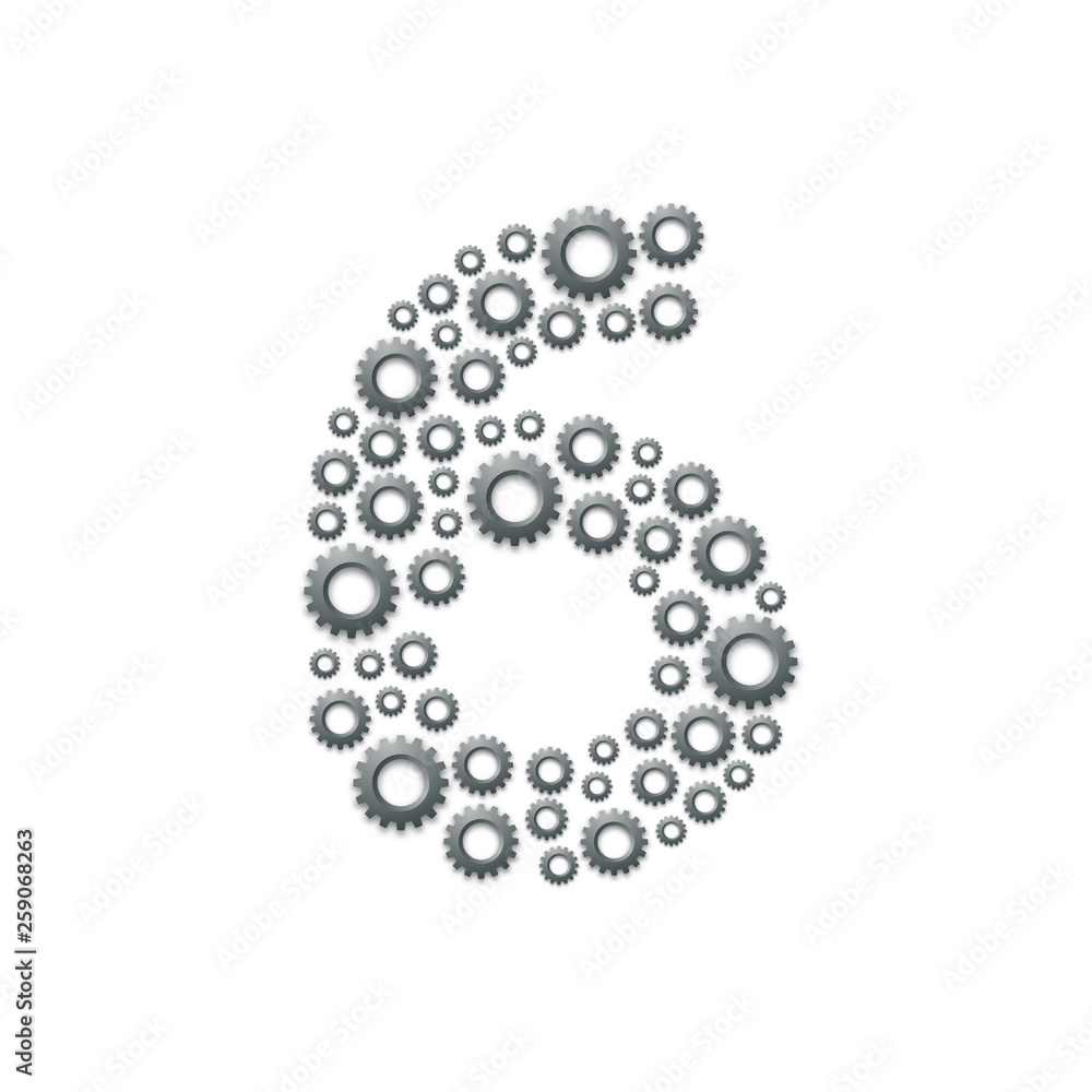 Obraz premium Alphabet set letter number six or 6, Engineering Gear pattern, Teamwork system concept design illustration isolated on white background, vector eps 10