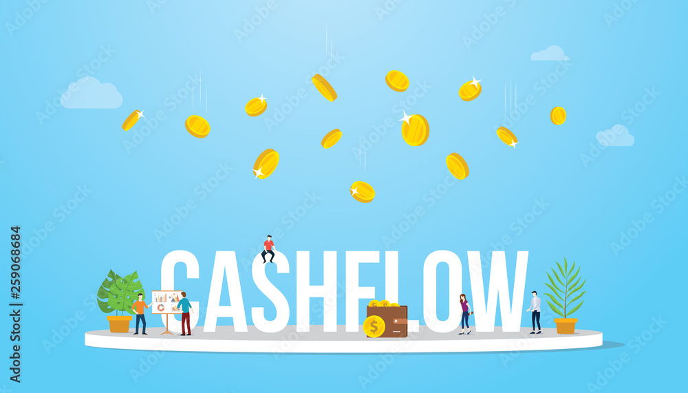 cashflow business concept with money fall or falling from above with team people - vector