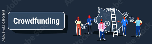 businesspeople group investment money investor crowdfunding concept business people investing dollar coins piggy bank crowd funding dark background sketch horizontal banner