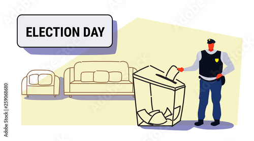election day concept policeman voter putting paper ballot list in box during voting police officer in uniform full length sketch doodle horizontal