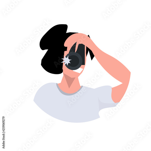 woman photographer taking picture with camera female journalist reporter shooting professional occupation concept cartoon character portrait flat white background