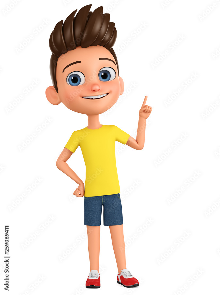 Cartoon character boy points to an empty space. 3d rendering. Illustration for advertising. Cartoon character boy points to an empty space. 3d rendering. Illustration for advertising.