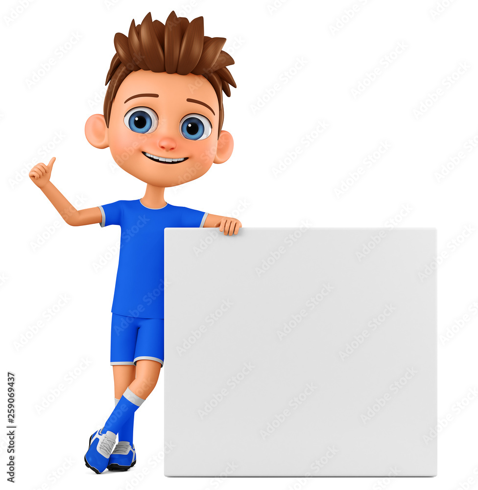 Cartoon character boy in blue uniform shows okay leaning against blank blackboard. 3d rendering. Illustration for advertising.