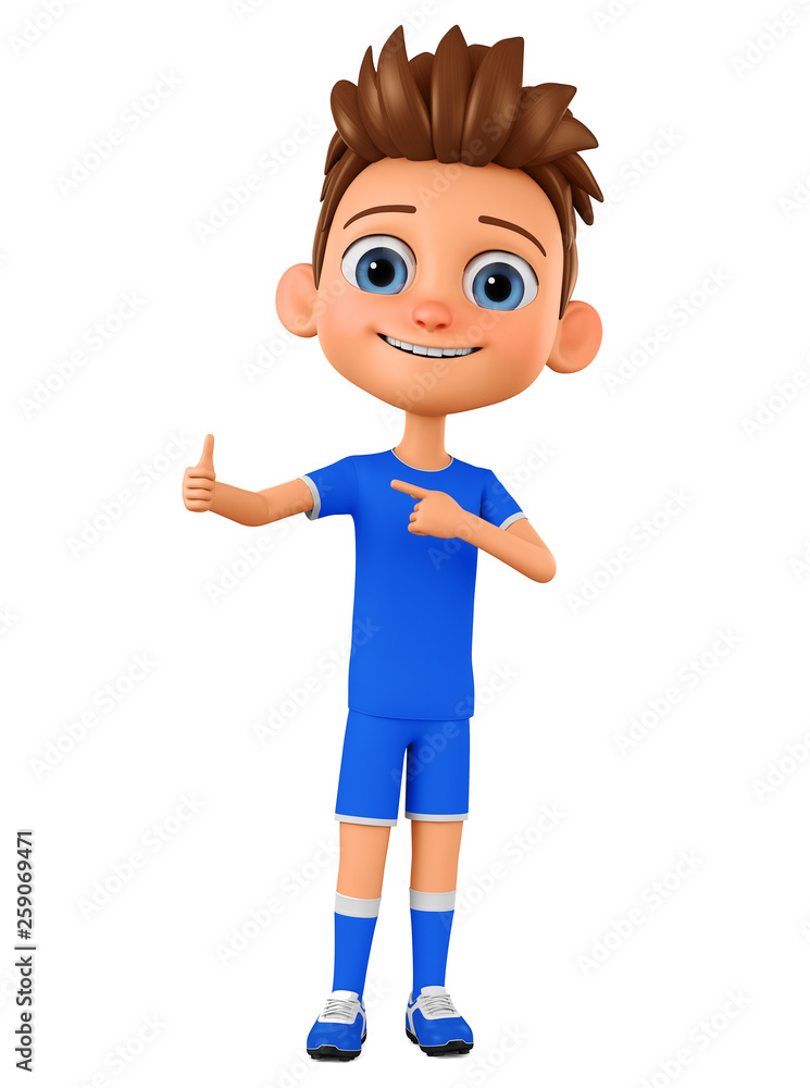 Cartoon character boy in blue uniform points to the thumb up. 3d rendering. Illustration for advertising.