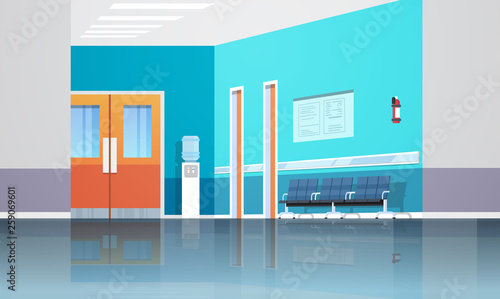 hospital corridor waiting hall with information board chairs lift and doors empty no people clinic interior flat horizontal
