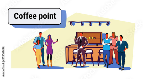 people group having break drinking and discussing coffee point concept businesspeople holding hot drinks male female characters full length sketch horizontal