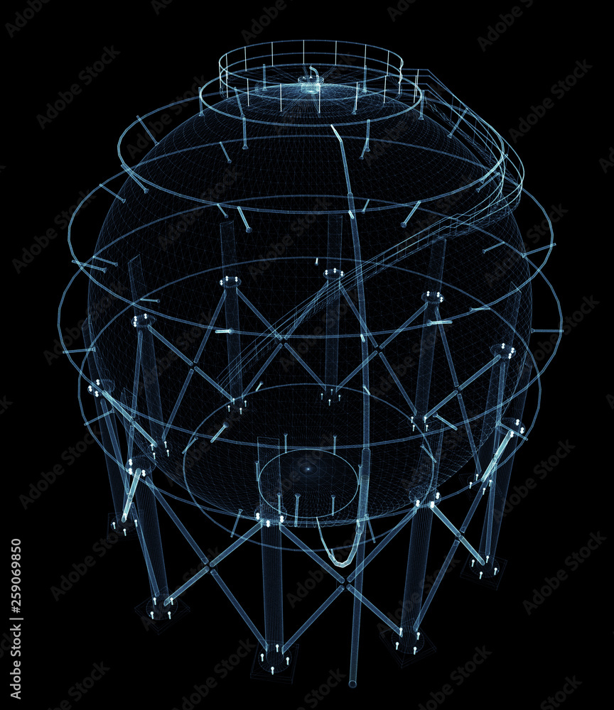 Spherical gas tank consisting of luminous lines and dots