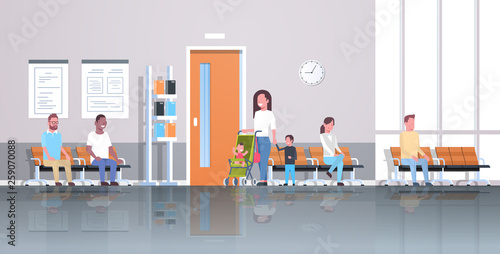 mix race patients waiting in line queue to doctor cabinet consultation and diagnosis healthcare concept medical clinic corridor interior horizontal flat