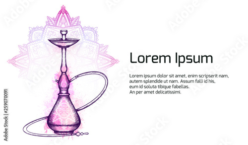 Horizontal banner with hookah with hatching, pink watercolor splashes, ornaments and tracery  zen mandala on background.  Place for text. Vector template for invitation, greeting card and your design.