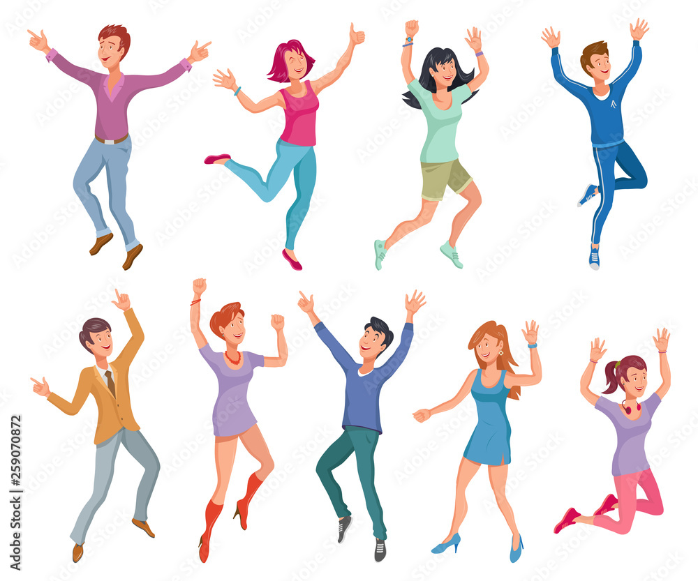 Group of happy smiling people jumping on a white background. People concept - jumping happy men and women. Healthy jumping and friendship, happiness, motion. Vector graphics to design Group of happy smiling people jumping on a white background. People concept - jumping happy men and women. Healthy jumping and friendship, happiness, motion. Vector graphics to design