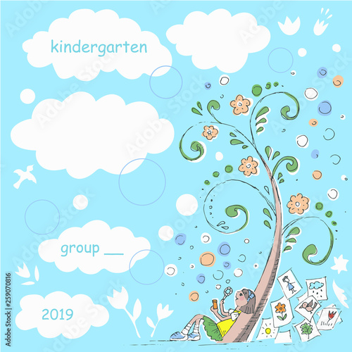 Album cover for kindergarten. Fairy tree and girl blowing soap bubbles. Children`s illustration.