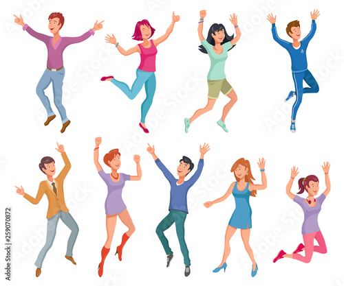 Group of happy smiling people jumping on a white background. People concept - jumping happy men and women. Healthy jumping and friendship, happiness, motion. Vector graphics to design