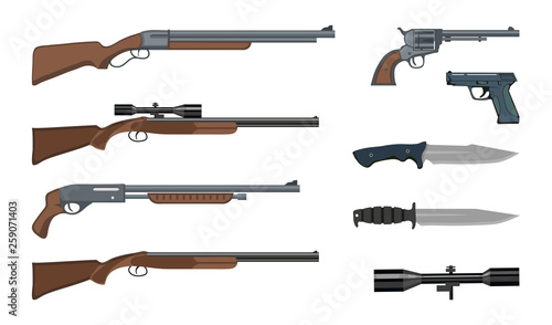 Firearms and ammunition. Military weapon. Army handgun and revolver gun. Various kind of rifle. Vector graphics to design