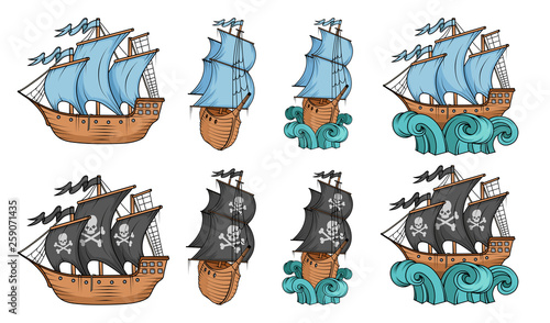 Set of sailing ships and sailboat. Commercial sailboats isolated on white background. Pirating sailboat ship with black sails. Ship on the waves. Vector graphics to design