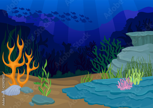 Seascapes concept. oral reef and school of fish.